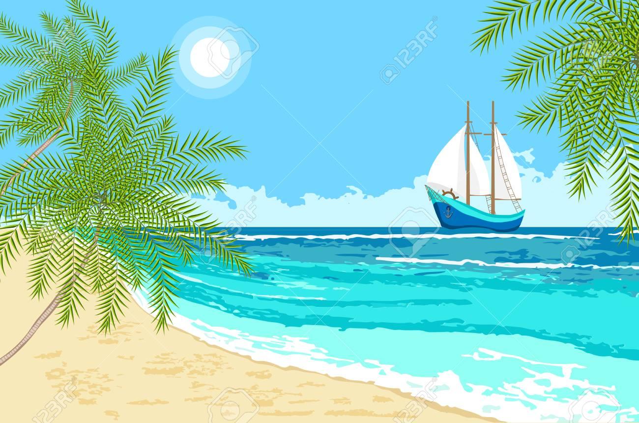 80765383 vue sur la mer avec des voiles de dessin anime et des palmiers fond de bord de mer