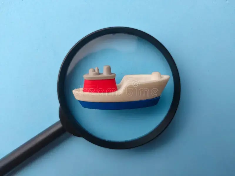 Small toy boat red white cabin viewed black rimmed magnifying glass 454935374